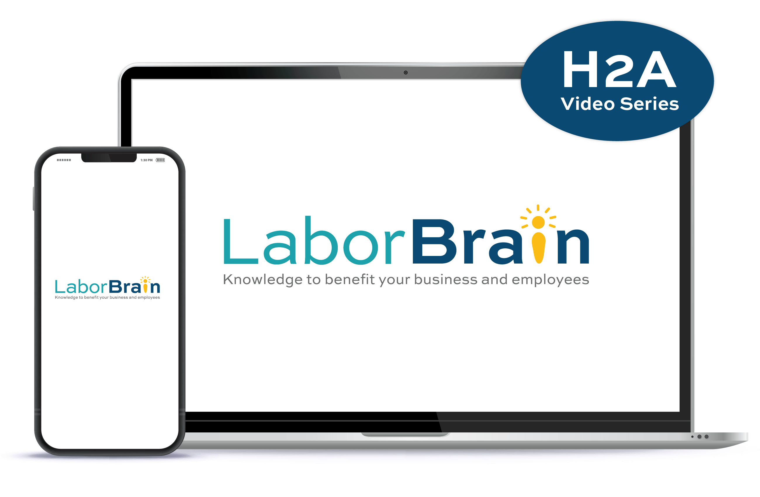 Screen mockups of H Brain™ Training H2A Video Series on a mobile phone and laptop.