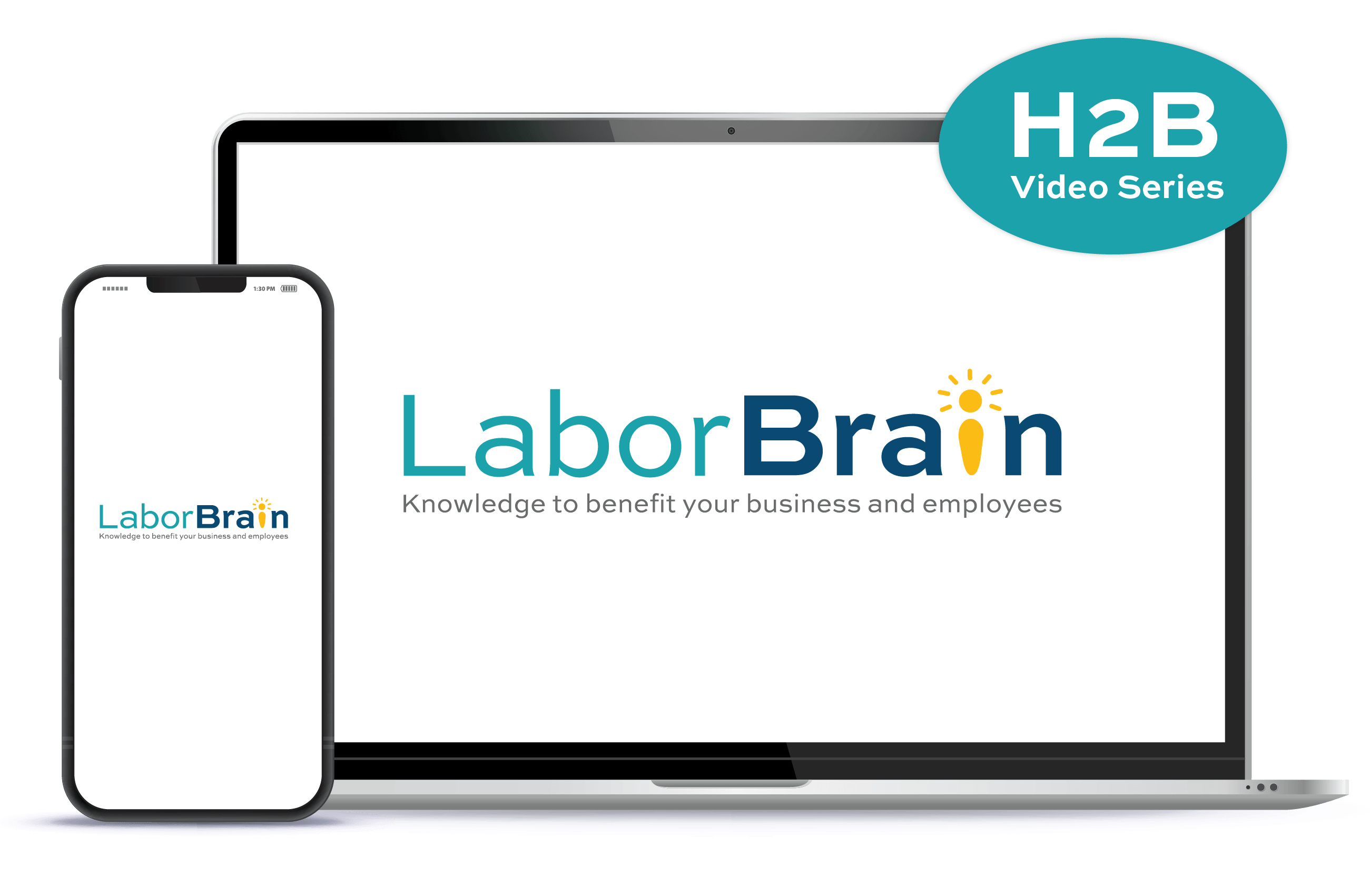 Screen mockups of H Brain™ Training H2B Video Series on a mobile phone and laptop.