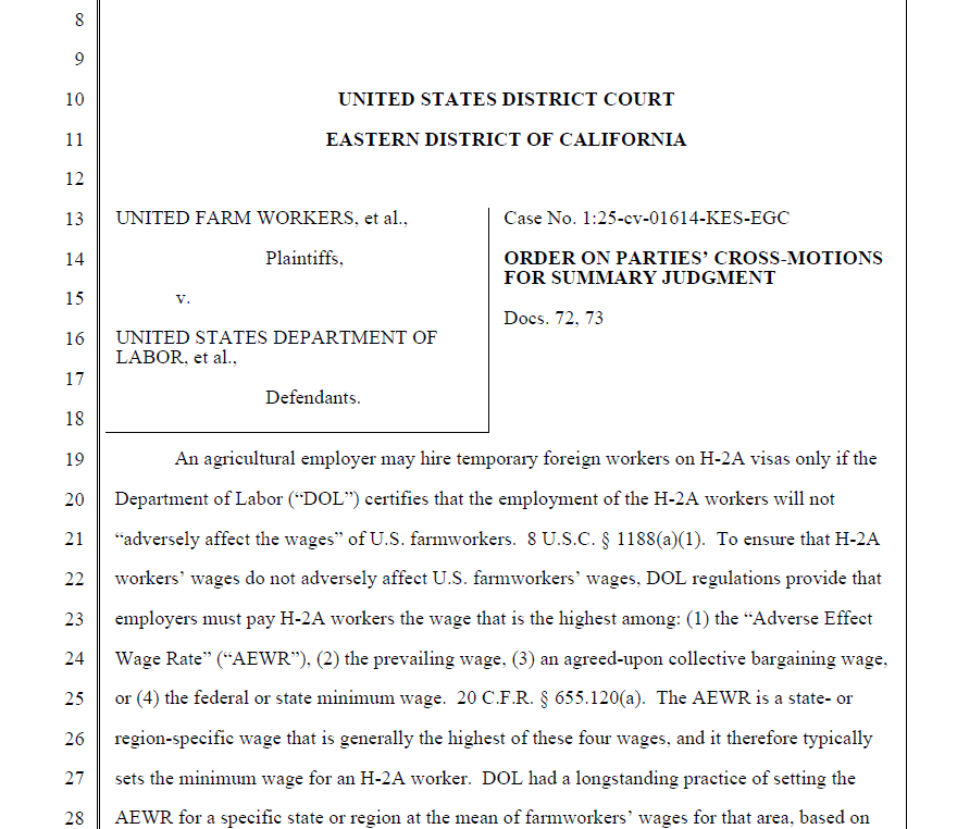 United Farm Worker H2A court case